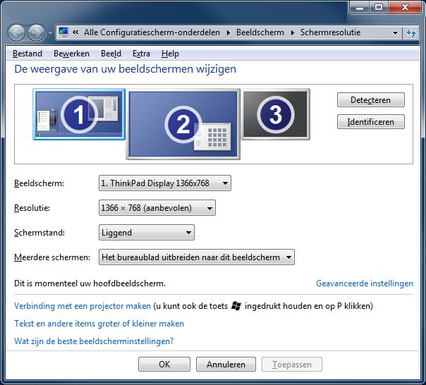 De instellingsopties van de monitoren.