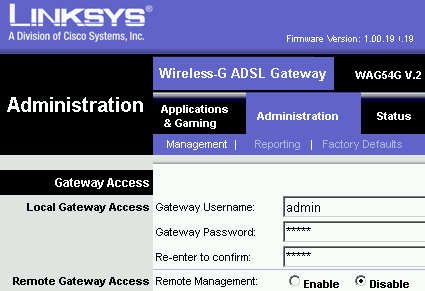 Afbeelding 4: In mijn router kun je onder "Administration" en vervolgens "Management" je loginnaam en wachtwoord aanpassen. Het remote management, de optie om je router vanuit het internet te kunnen configureren laat ik op "disabled" (uitgeschakeld) staan.