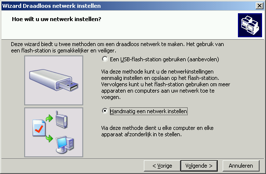  Afbeelding 11: In de tweede stap van de wizard geef je ook aan dat je handmatig een netwerk wilt instellen.