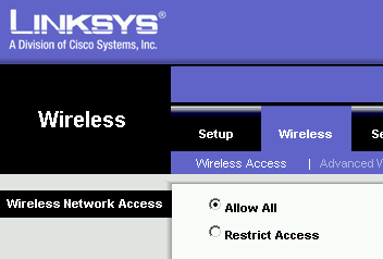  Afbeelding 13: De optie "Wireless" "Wireless Access" regelt wie draadloos toegang krijgen tot het netwerk. Standaard iedereen.