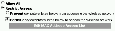  Afbeelding 14: Kies hier voor "Restrict Access" en "Permit Only". Vervolgens moet je een lijst aanleggen van computers die toegang mogen krijgen. Klik op "Edit MAC Adress Access List" om deze lijst aan te leggen.