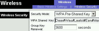  Afbeelding 18: De optie "Wireless" "Wireless Security" biedt de mogelijkheid het netwerkverkeer te versleutelen. Kies voor WPA als alle apparatuur dat ondersteunt, en de "WPA Shared Key": Verzin zelf een sleutel die je zowel op de router als de computer ingeeft.