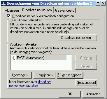  Afbeelding 19: Kies bij de eigenschappen voor draadloze netwerkverbinding voor draadloze netwerken, selecteer je netwerk (hier PvCF) en klik op "eigenschappen".
