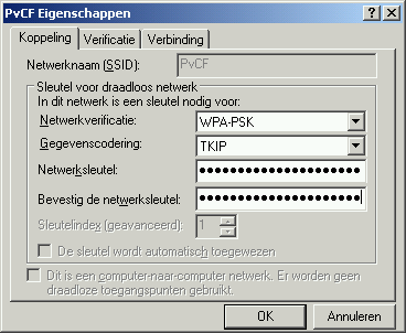  Afbeelding 21: Kies bij "Netwerkverificatie" voor "WPA PSK" en gegevenscodering TKIP. De Netwerksleutel die je eerder verzonnen had moet je hier ook 2 keer invoeren.