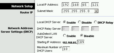 Afbeelding 22: Kies een IP adres voor je router, verplicht beginnend met "192.168" (hier 65.121), het begin van je netwerk (hier 189) en het aantal computers dat met de router contact kan maken (hier 10).