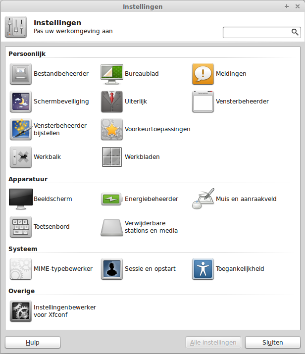 Gebruik het instellingenscherm om Linux Mint Xfce aan te passen.