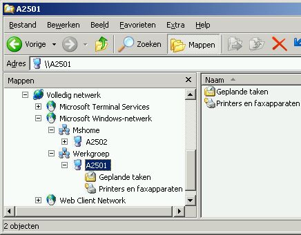 De standaardwerkgroep van Windows XP Professional is "Werkgroep", van Windows XP Home "Mshome". Dat werkt niet prettig samen, maak ze lid van &eacute;&eacute;n werkgroep.