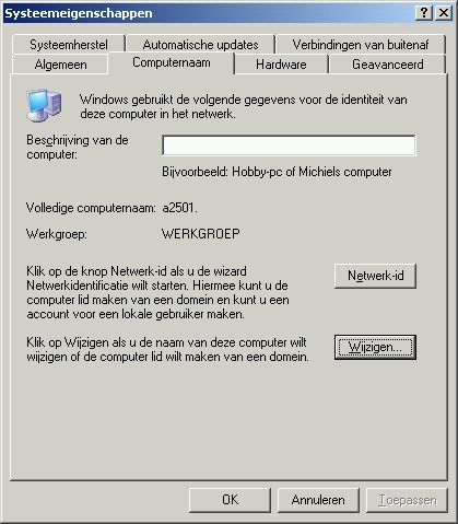 In de systeemeigenschappen kun je de computernaam en de werkgroep wijzigen.