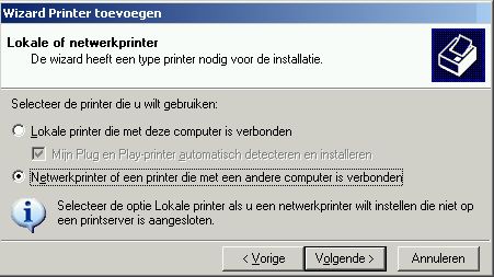 Laat de wizard zoeken naar gedeelde printers in het netwerk. Als de wizard niets vindt probeer je het na een kwartiertje nog een keer. Vindt hij dan nog niets ga dan zoeken op het ip-adres van de computer waar de printer op aangesloten is.