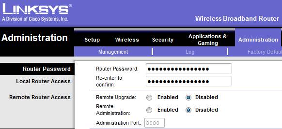 Afbeelding 8: Verander het standaard wachtwoord en controleer dat de remote administration op disabled staat.