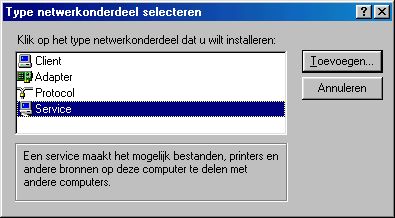 Als je in het Netwerk klikt op de knop "Toevoegen" kun je Client, Adapter, Protocol en Services toevoegen.