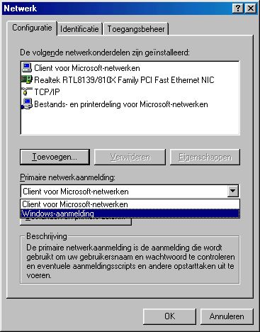 Als de onderdelen zijn ge&iuml;nstalleerd nog even kiezen voor "Windows aanmelding".