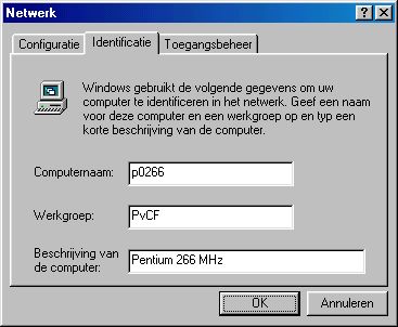 Geef onder identificatie de computer een unieke naam en maak hem lid van je werkgroep.