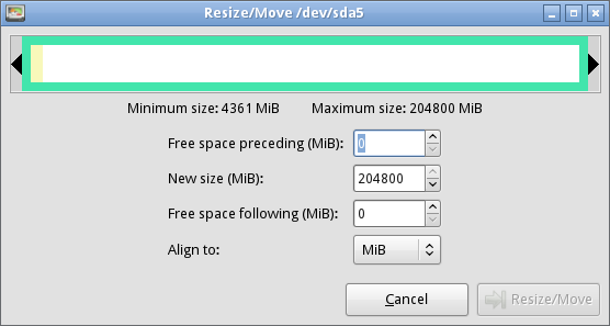 Afbeelding 6: Pas de partitie grootte aan, met de muis of met de waarden in MB.