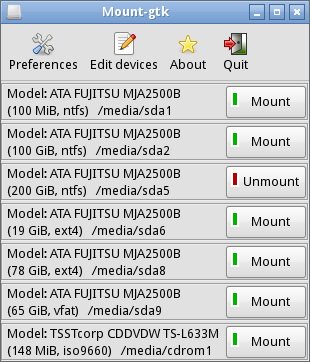 Afbeelding 8: Het tweede venster dat zich met Mount Devices opent is Mount gtk. Hiermee kun je schijven aankoppelen (Mount) en afkoppelen (Unmount).