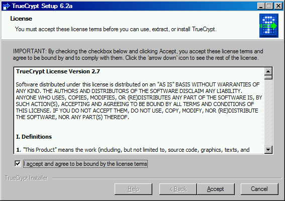 Afbeelding 1: Om TrueCrypt te installeren moet je akkoord gaan met de licentievoorwaarden.