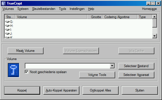Afbeelding 2: Het programma TrueCrypt. Simpel en overzichtelijk, en in het Nederlands.