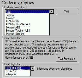 Afbeelding 5: Je kunt uit 8 Codering Algoritmes en 3 Hash Algoritmes kiezen. Ik houd het bij de standaard.