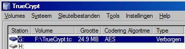 Afbeelding 14: Alleen in het TrueCrypt scherm zie je aan het type dat je een verborgen container geopend hebt.