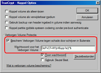 Afbeelding 16: Zet in de Koppel Opties een vinkje bij Bescherm Verborgen Volume en voer het wachtwoord van het verborgen volume in.