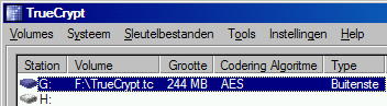 Afbeelding 17: In het TrueCrypt scherm zie je aan het type "Buitenste" dat er in het geopende volume een verborgen container zit.