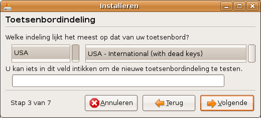 Afbeelding 7: Stap 3: kies het toetsenbord. Dat is USA-international met dode toetsen. In het vakje onderin kun je testen of alle (bijzondere) toetsen goed werken.