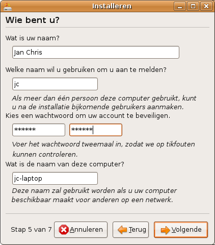 Afbeelding 9: Stap 5: Geef in ieder geval je gebruikersnaam (aanmeldnaam) en wachtwoord (2 keer), de rest is optioneel.