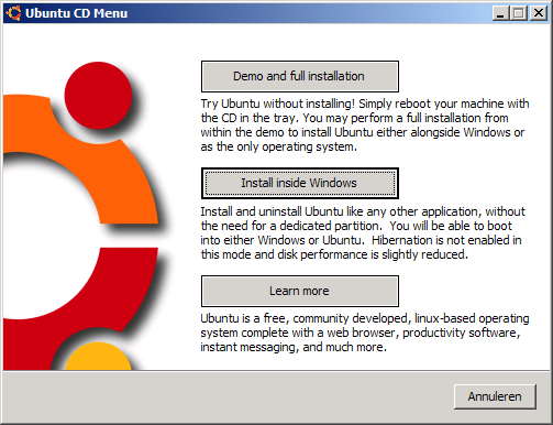 Afbeelding 10: Het Ubuntu menu (umenu.exe) dat opkomt als je de Ubuntu cd onder Windows in de computer stopt.
