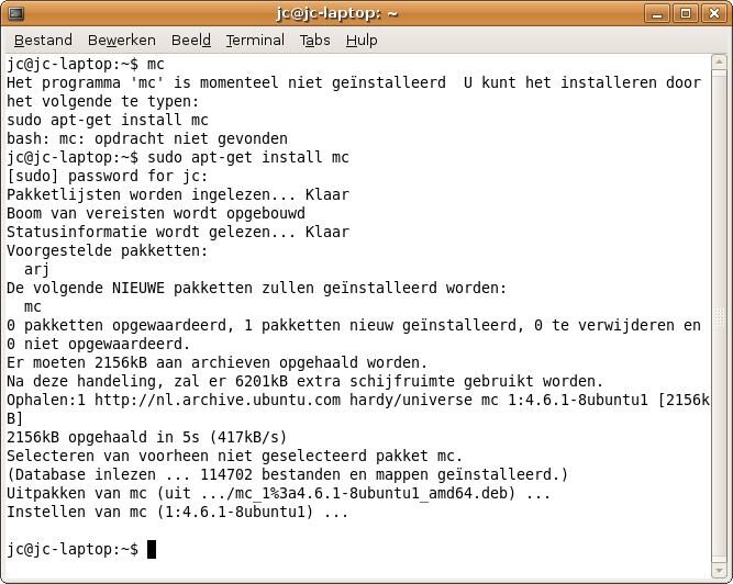 Afbeelding 5: De Midnight Commander installeren.