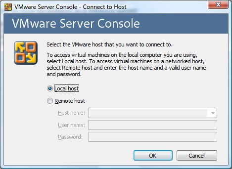 De eerste keer (overigens ook alle volgende keren) dat je VMware Server opstart meld je je aan bij de local host.