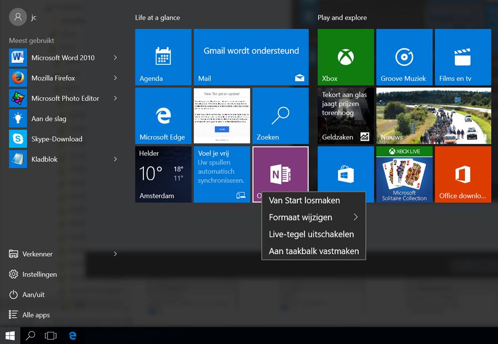 Het nieuwe startmenu