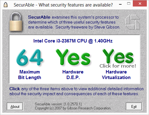Afbeelding 1: SecurAble, een eenvoudig programma dat zonder installatie vertelt of de computer geschikt is voor hardware virtualisatie.