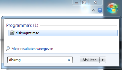 Afbeelding 2: Start schijfbeheer op door in het zoekveld diskmg te typen.