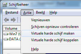 Afbeelding 3: Onder Actie vind je de opties Virtuele harde schijf maken en Virtuele harde schijf koppelen.