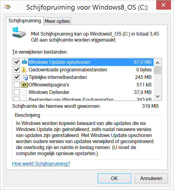 Met schijfopruiming tijdelijke bestanden verwijderen